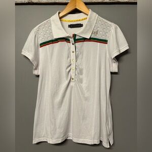 Coogi Women’s 1X Fitted Polo Type Top Red Green Yellow Stripe Gold Coogi Logo